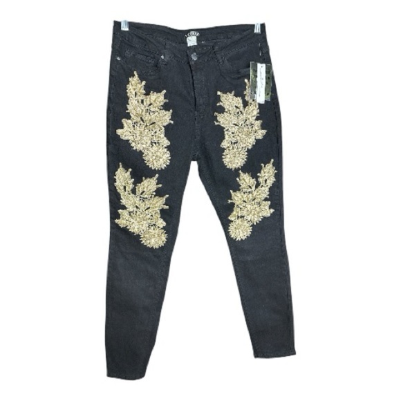 VENUS Black Denim Jeans with Gold Embroidered Embellishments - Picture 5 of 6